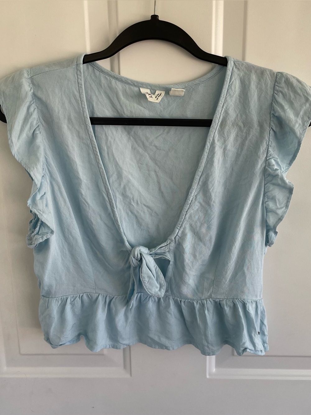 ROXY Sweetest Love Short Flutter Sleeve Deep V-Neck Front Tie Blue Crop Top Size